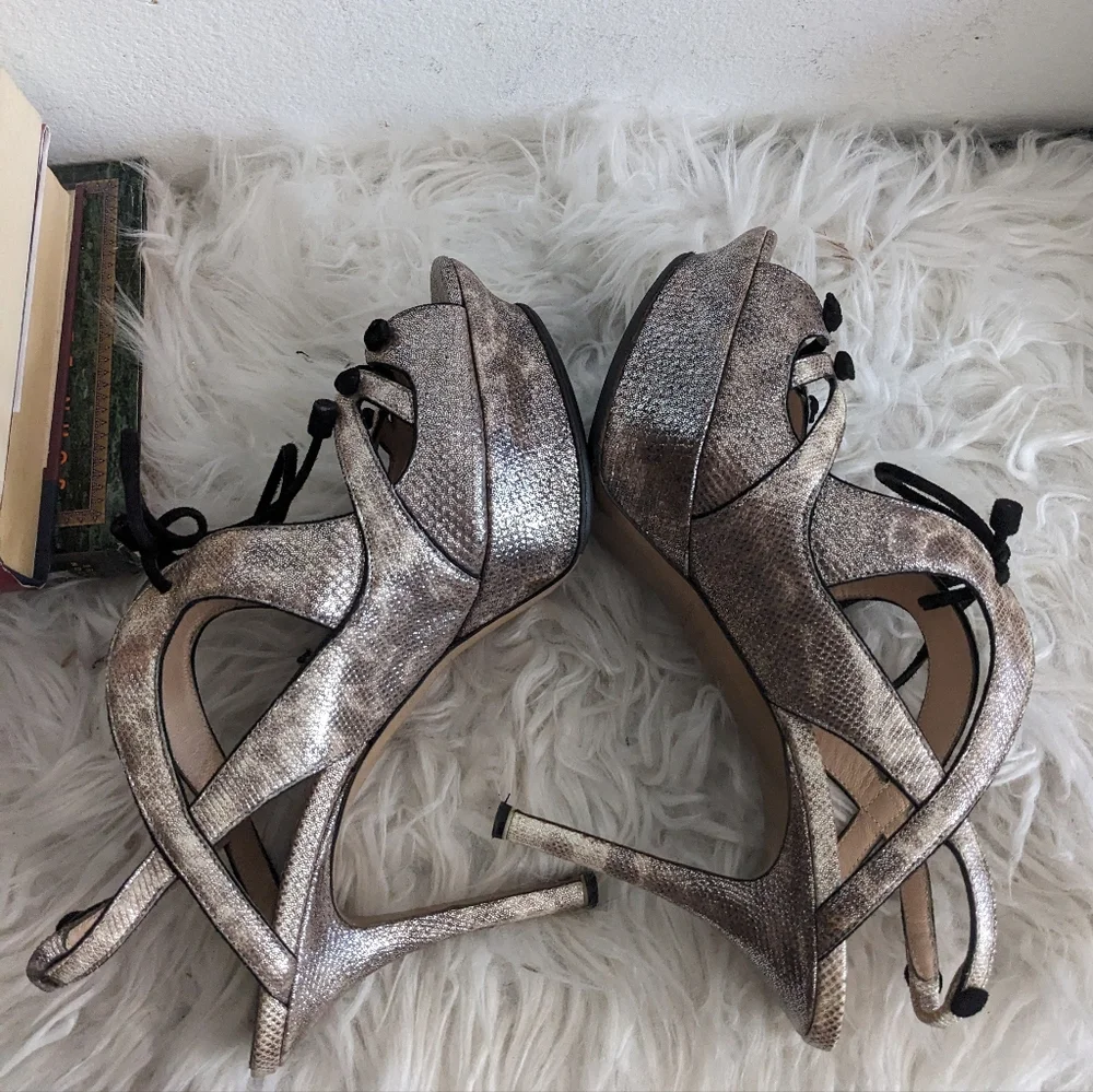Nicholas Kirkwood Metallic Leather Heels Sandals 8 Lace Up Sling Snakeskin